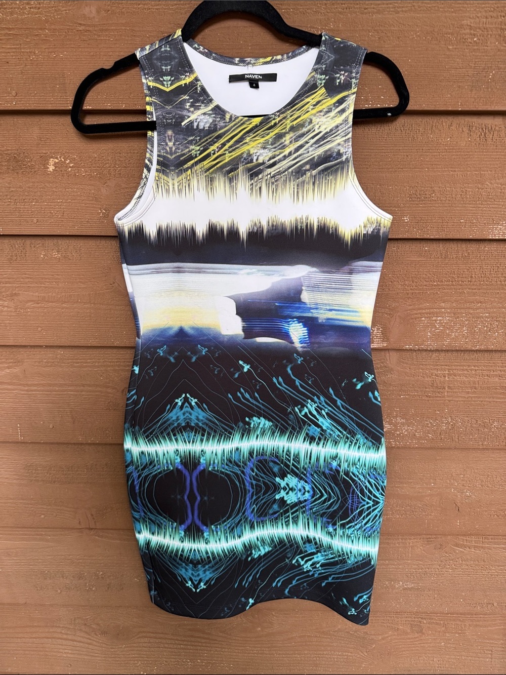 Naven Women’s Black, Blue & Yellow Graphic Bodycon Midi Dress size 4